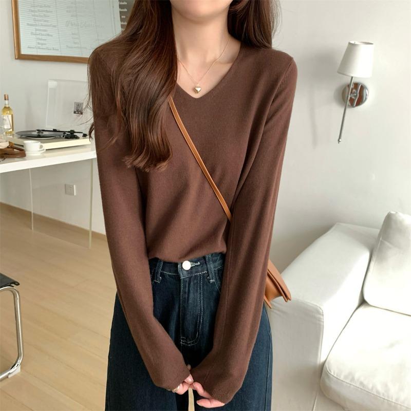 Autumn Winter V-neck Solid Color Simple All-match Bottomed Knitting Top Women Long Sleeve Casual Pullover Sweater