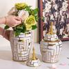 Geometric Golden Striped Ceramic Vase General's Jar with Lid Sealed Storage Tank Ginger Jar Flower Vase Home Decoration