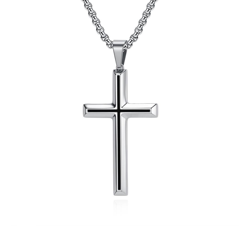 Qianfeng European and American Popular Jewelry Titanium Steel Beveled Cross Necklace Men s and Women s Personalized Fashion Wear Sweater Chain Pendant 60cm