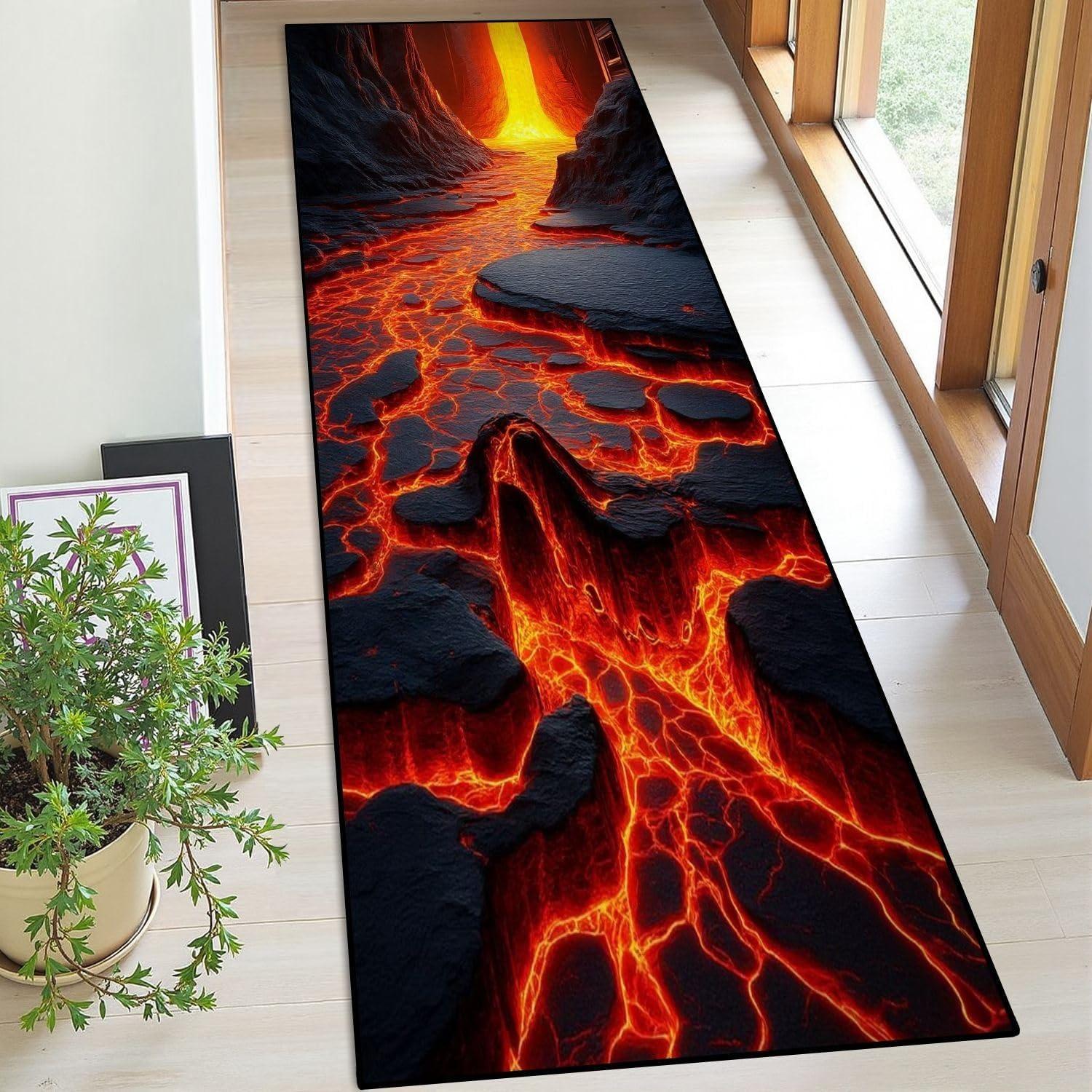 

3D Optical Illusions Lava Flow Hallway Runner Rug Volcano Landscape Home Decor Carpet Non-Slip Soft Floor Mat for Hallway 40X120CM