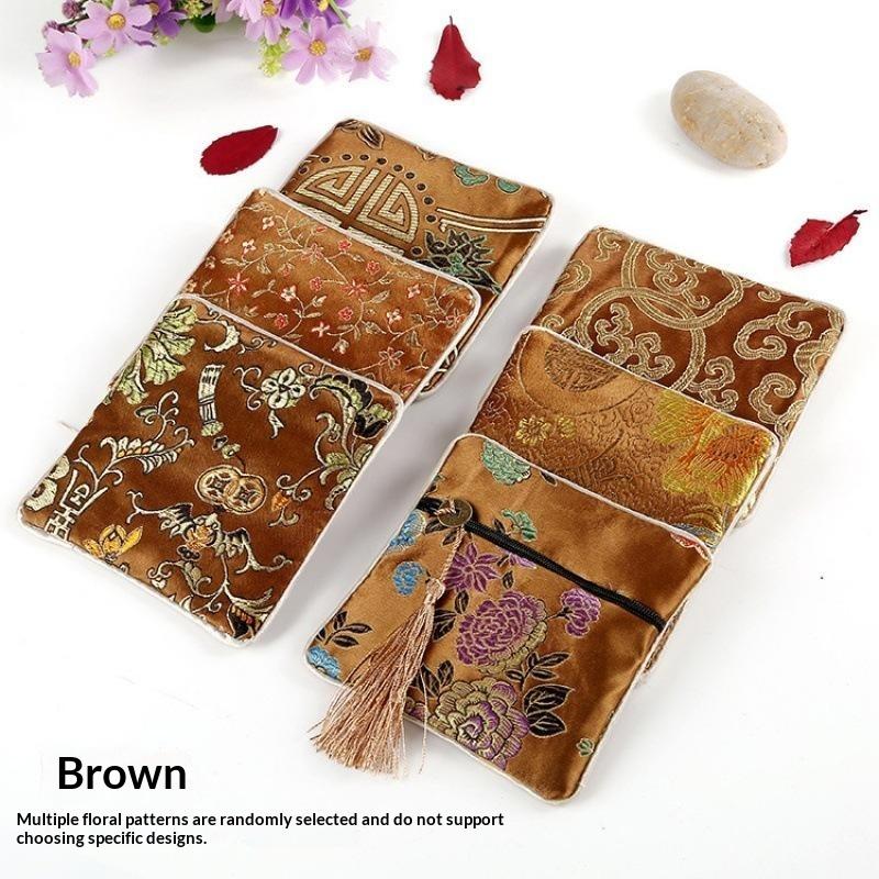 Traditional Chinese Brocade Square Pouch Embroidery Pattern Tassel Zipper Waterproof for Jewelry Cosmetic Home Travel Use