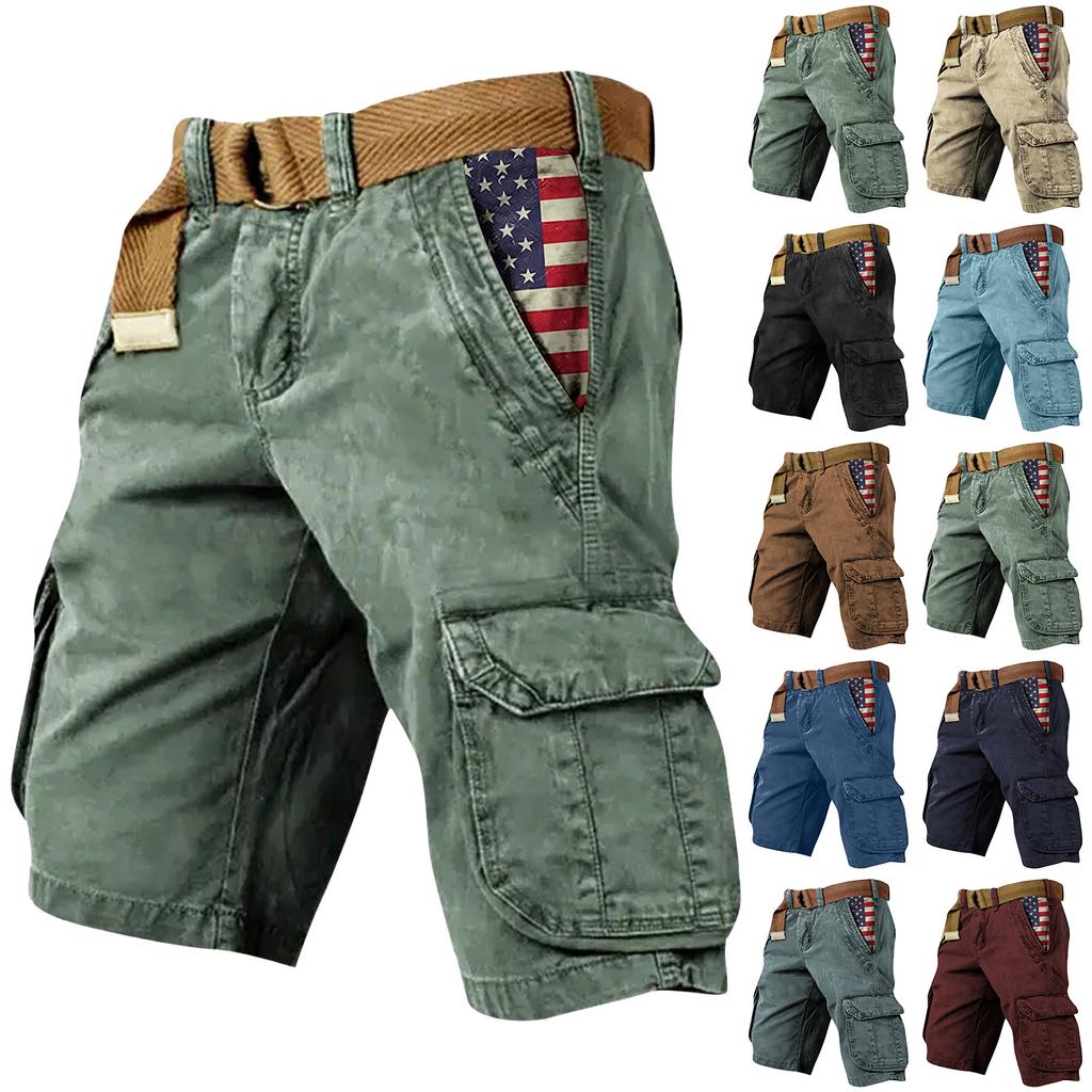 Shorts Masculinos de Verão Estampados para Exterior Shorts Masculinos Largos com Múltiplos Bolsos