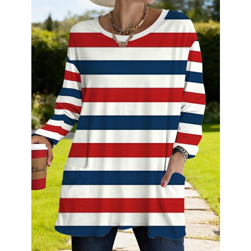 Women s plus size red, white and blue striped loose long-sleeved top with pockets S