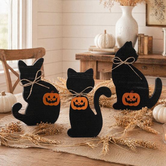 Witch Hat Table Decorations 3Pcs Halloween Decoration, Black Cat Ghost Decor, Figurines Rustic Farmhouse Wooden Centerpieces for Home Office