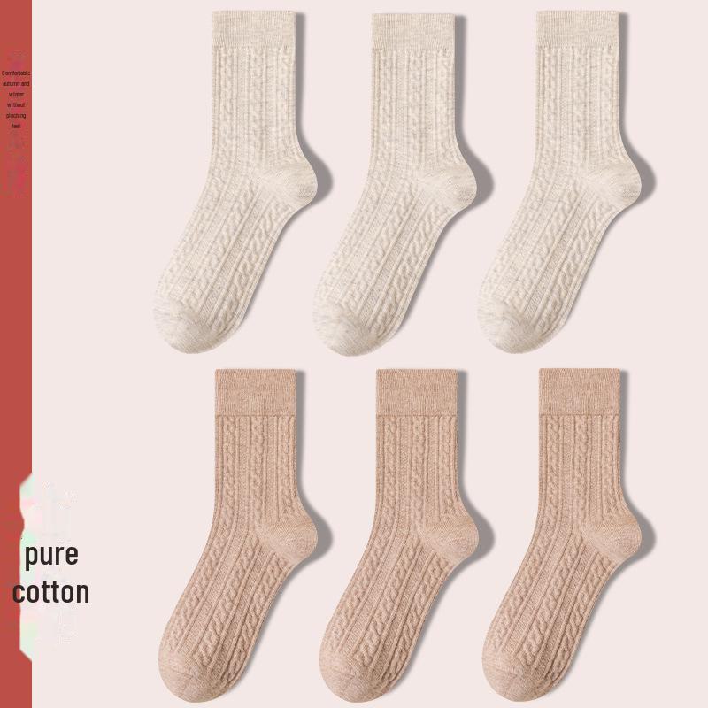 Women's Retro Twist Pure Cotton Mid-Tube Socks - Antibacterial, Deodorant, Autumn/Winter, White Long Socks.