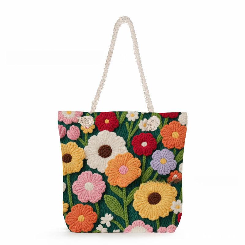 Woolen yarn flowers print thick rope single-shoulder beach bag 7360
