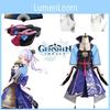 Genshin Impact Kamisato Ayaka Cosplay Kostüm für Damen mit Perücke Fächer und Holzschuhen