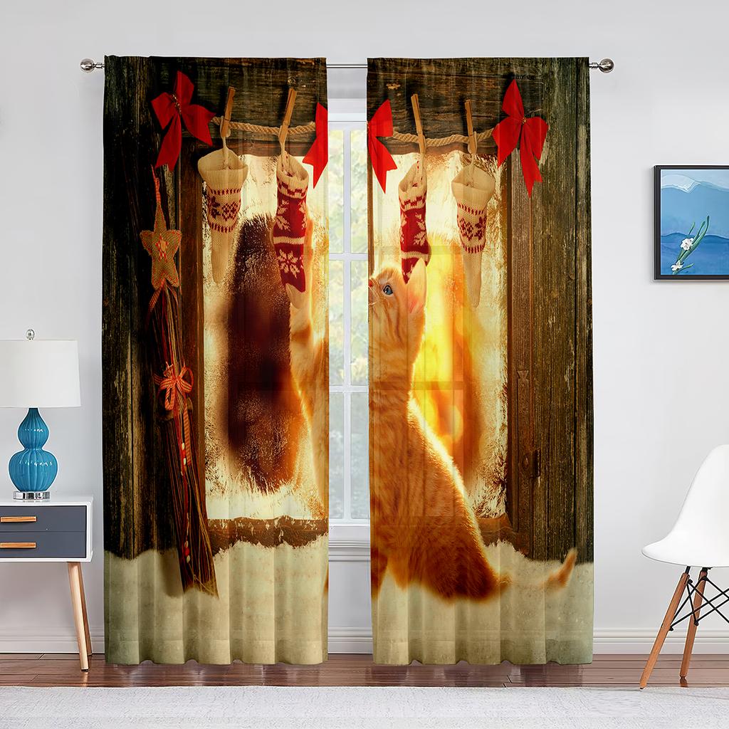 Christmas Scenery Santa Delivering Presents Sheer Voile Curtain Elk Window Tulle Curtains for Living Room Kitchen Bedroom Decor