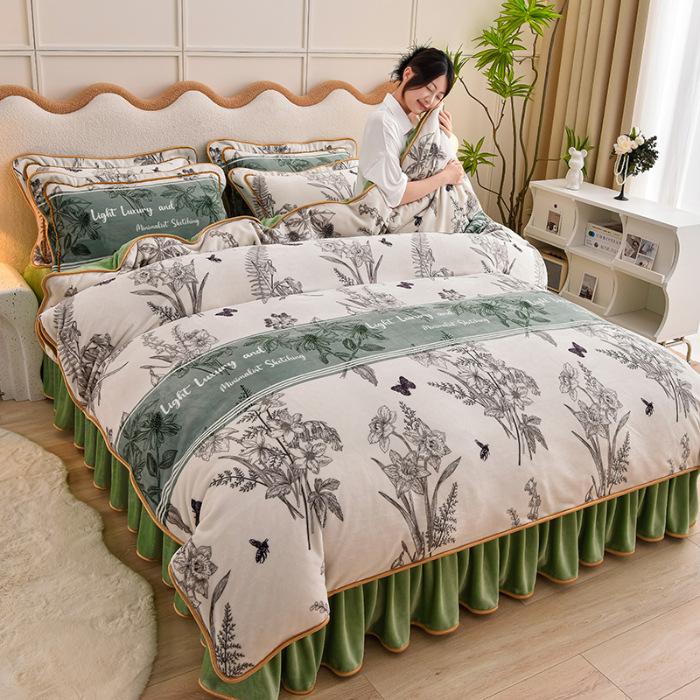 Thickened Milk Fleece Four-Piece Warm Double-Sided Coral Fleece Quilt Cover Flannel Sheet Bed Skirt Bedding