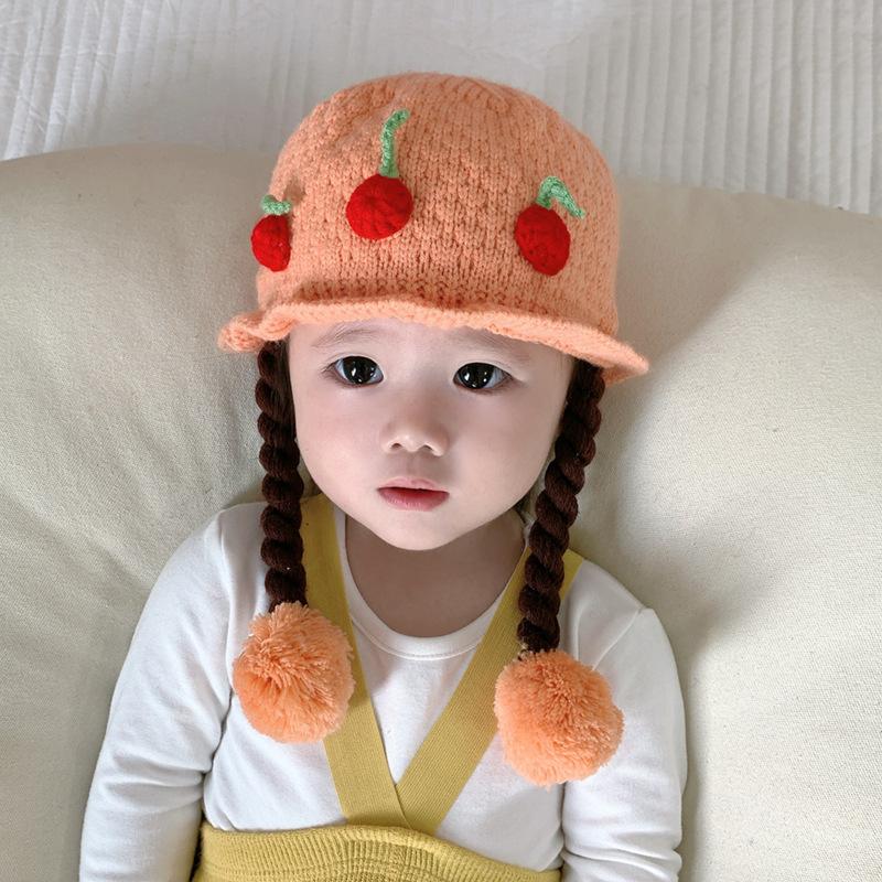 Knitted Princess Hat Cute Cartoon Cherry Wig Braid Winter Ear Protection Warm Windproof Hat For Party