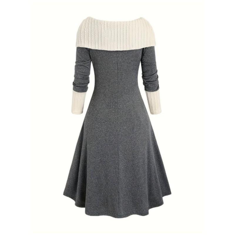 Women's Spring and Autumn One Collar Color Contrasting Dress