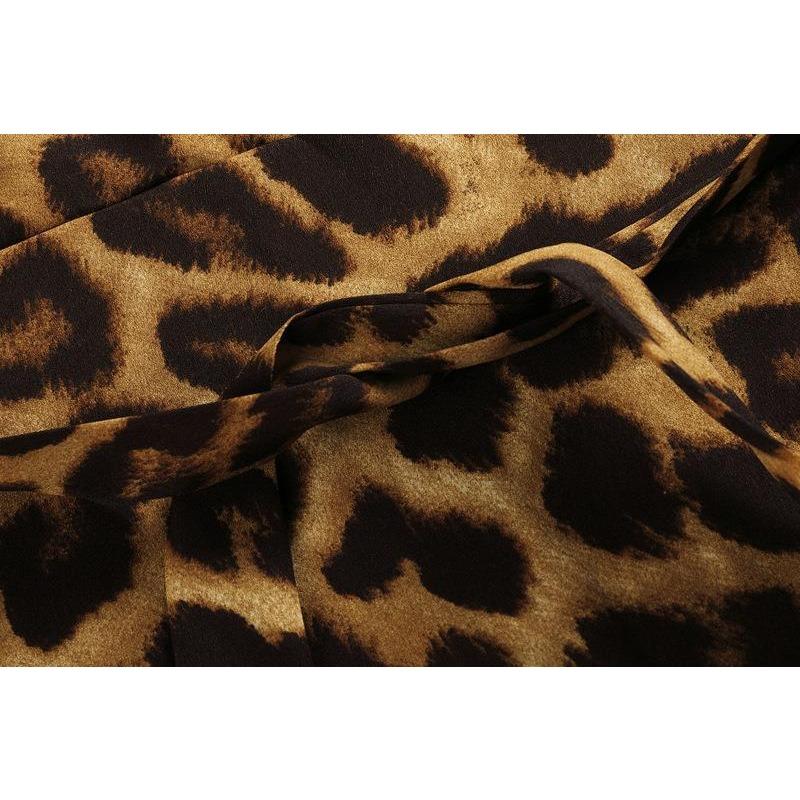 Women Leopard Print V Neck High Waist Irregular Long Sleeve Casual Dress