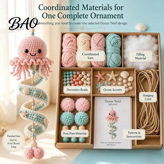 Handmade Keychains for Beginners Ocean Animal Spiral Crochet Kit, DIY Coastal Hanging Ornament Beginner Craft Style Decor Items Kit with Yarn
