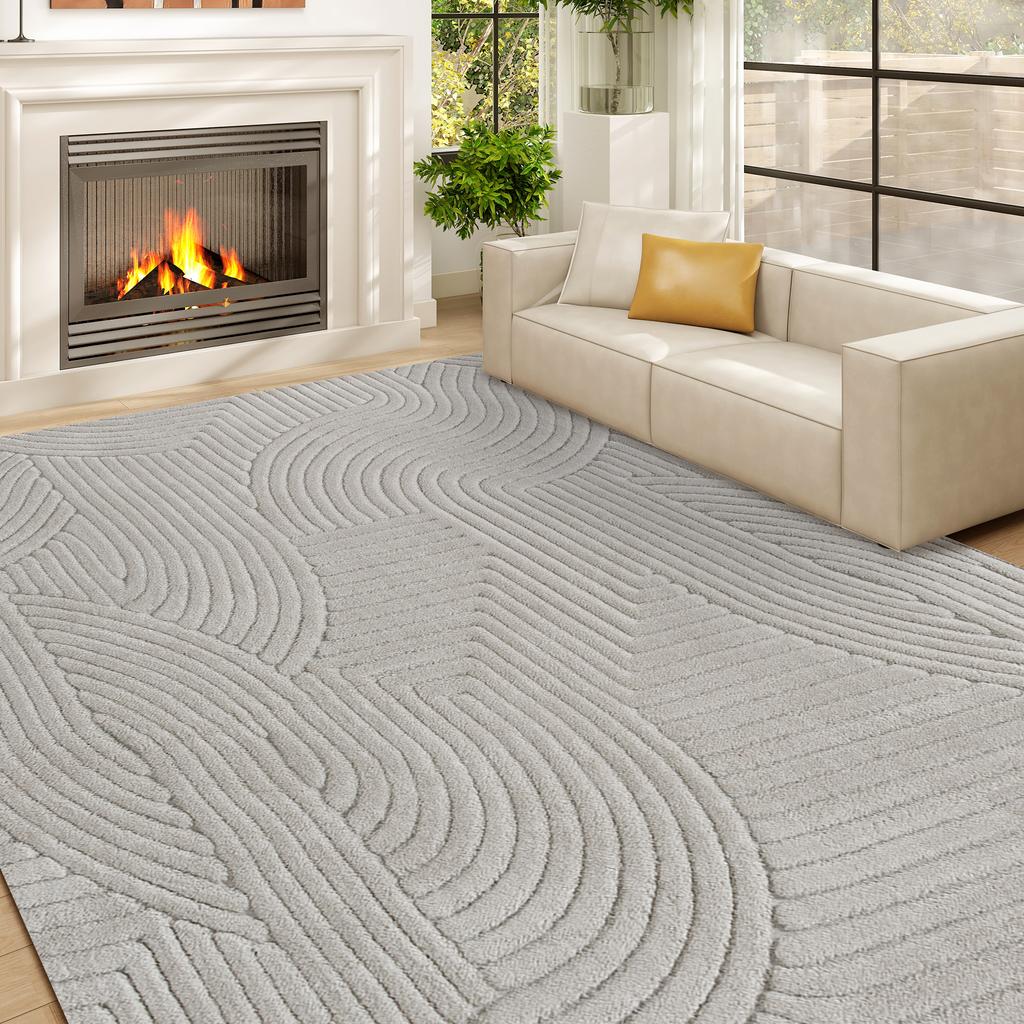 Living Room Rug, Thick Pile Geometric, Non-Slip, 160 x 120 cm, Grey