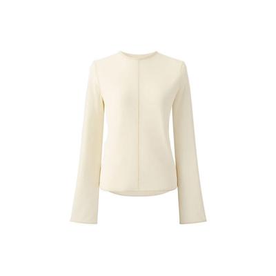 X Mame Kurogouchi Solid Striped Sheer Crew Neck Long Sleeve T-Shirt Women Tops Beige 447267-01