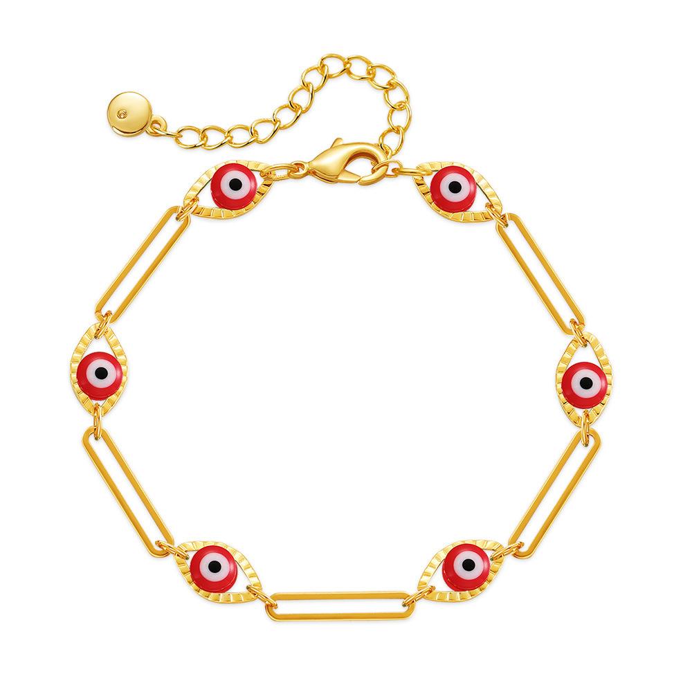 Gold Plated Red Evil Eye Paperclip Link Station Bracelet