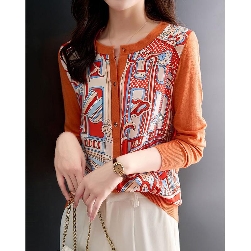 

Модный корейский весенне-осенний геометрический принт, свободный свитер с круглым вырезом, кардиган на пуговицах с длинным рукавом, вязаные топы L оранжевый