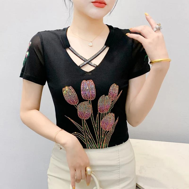Summer New Fashion Korean Clothes Women's T-shirt Luxury Flower Hot Diamonds Tees Sexy Streetwear Girls Slim Short Sleeve Tops
