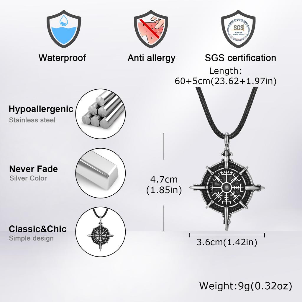 Retro Viking Rune Compass Necklace for Men Boys,Gun black Stainless Steel Talisman Collars,Stylish Punk Jewelry Gift