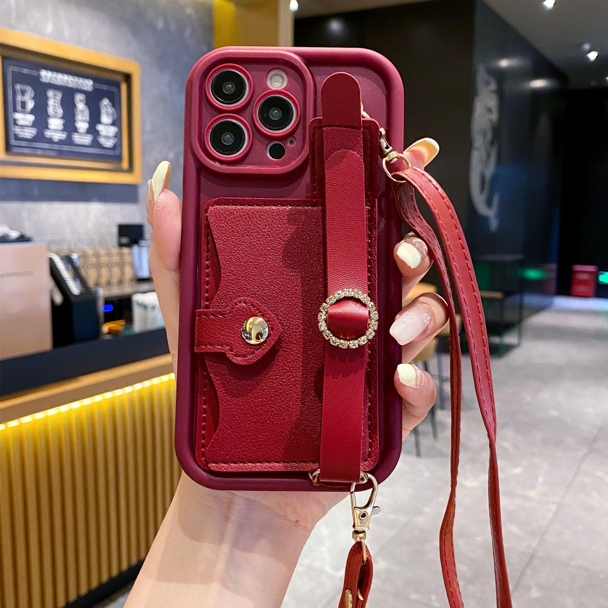 Чехол для телефона с карманом для карт для iPhone 16 15 13 12 11 14 Pro Max X XS Max Plus Ремешок-шнурок Crossbody Кошелек из ПУ кожи Чехол из ТПУ For iPhone 12&Case & Strap brown