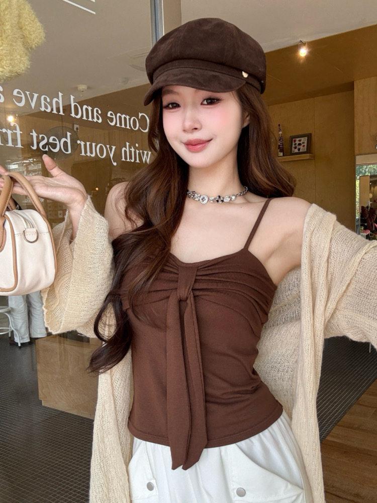 Sweet & Spicy V-Neck Pleated Camisole with Bow Tie Straps and Chest Pads - Slim-Fit Sleeveless Spring/Summer Top for Women