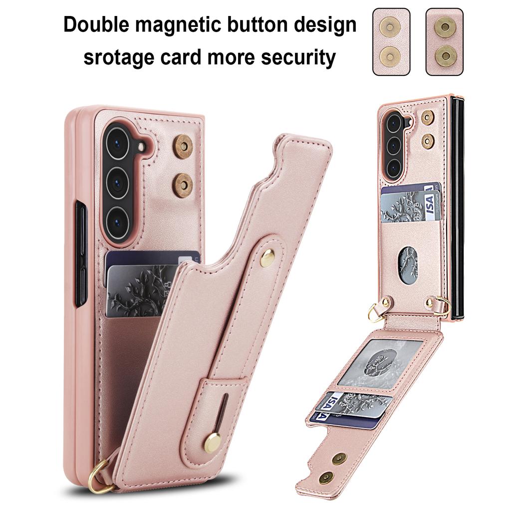 For Samsung Galaxy Z Fold5 5G Case Kickstand Card Slots Leather Coated TPU Cover with Shoulder Strap