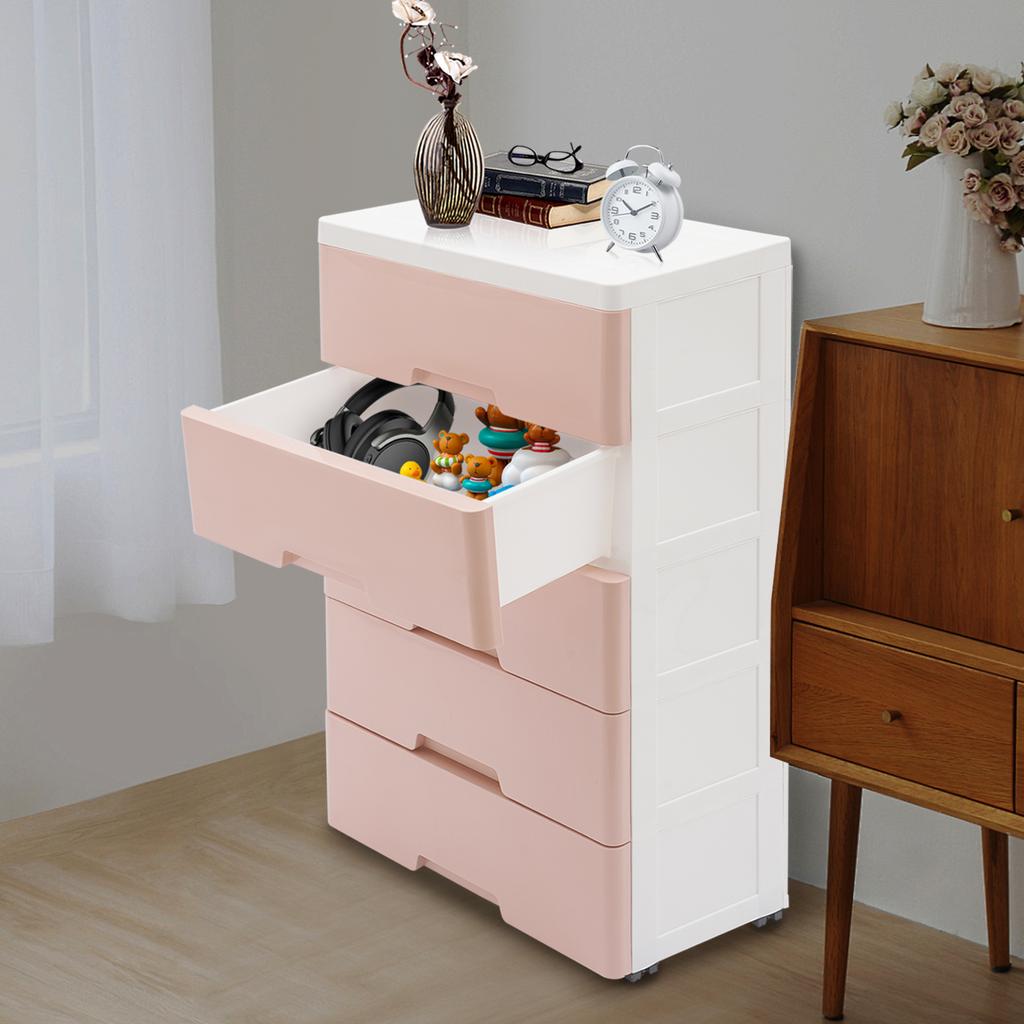 5-Tier Tall Plastic Storage Cabinet with Drawers, Multi-Purpose Organizer for Bedroom Closet Office, Pink Modular Drawer Unit