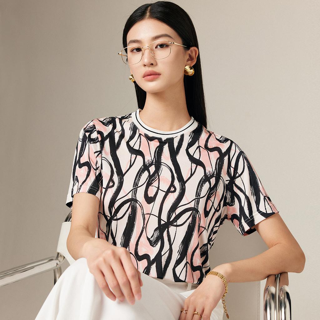Spring and summer new round neck retro printed short sleeved versatile casual and comfortable T-shirt for women, including mulberry silk