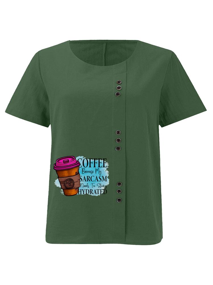 Women's Fashion Coffee Alphabet Print Casual Cotton Linen Short Sleeve Round Neck T-shirt Shirt Leisure Loose Summer Blouse Tops