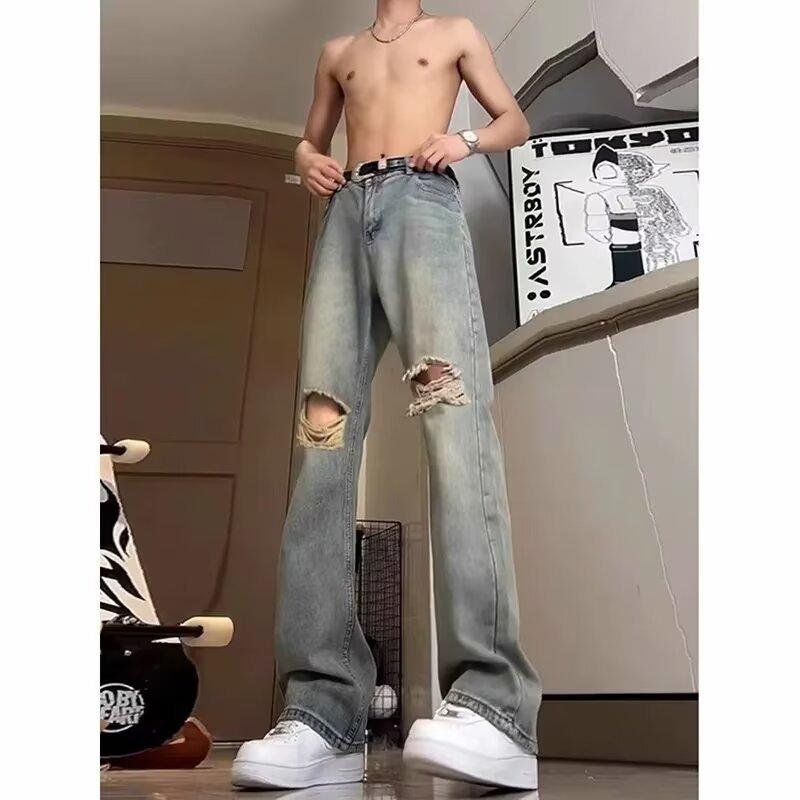 Retro blue knee ripped jeans men's extended version tall pants American high street straight high waist micro-pull pants