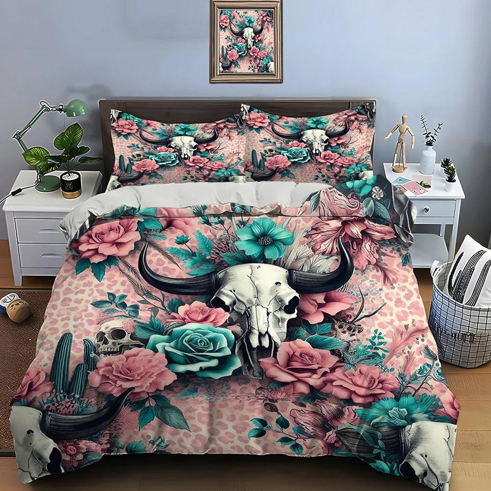 Native American Cattle Skull Art Print Bedding Set Duvet Cover 1 Duvet Cover 2 Pillowcases Adult and Kids Bedding Set Luxury