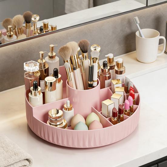 מארגן איפור מסתובב 360 מעלות קופסת אחסון קוסמטיקה עם מחזיק למברשות איפור מארגן עגול לשולחן איפור לטיפוח עור, בשמים, קרמים
