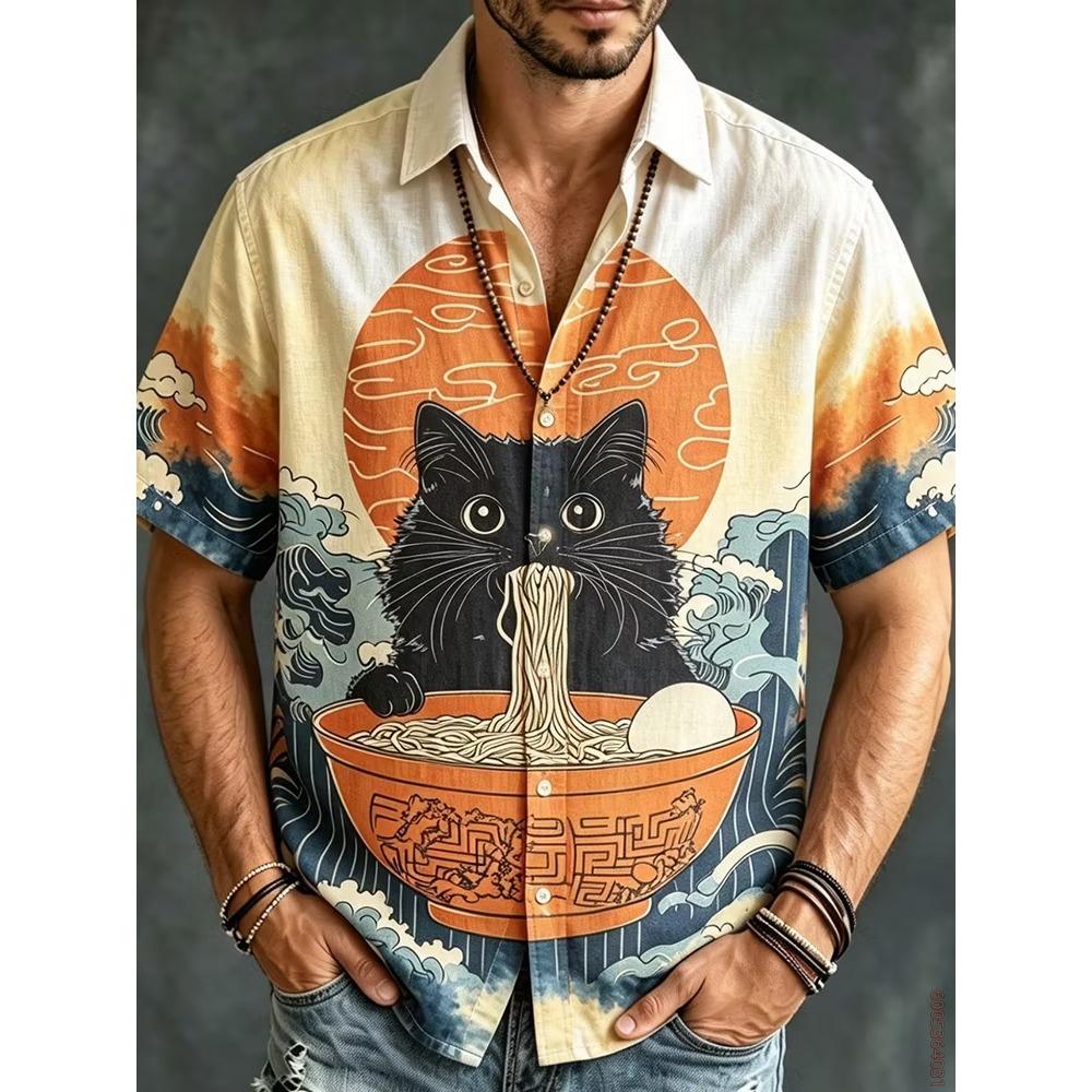 Men's Short Sleeved Shirt, Cat Noodle Printed Top, Versatile for Daily Commuting and Travel, Fashionable and Casual Loose Shirt