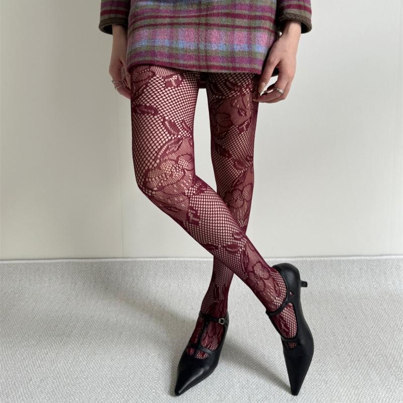 Women See Through Fishnet Mesh Pantyhose Stockings Aesthetic Elegant Hollowed Flower Patterned Tights Leggings Hosiery