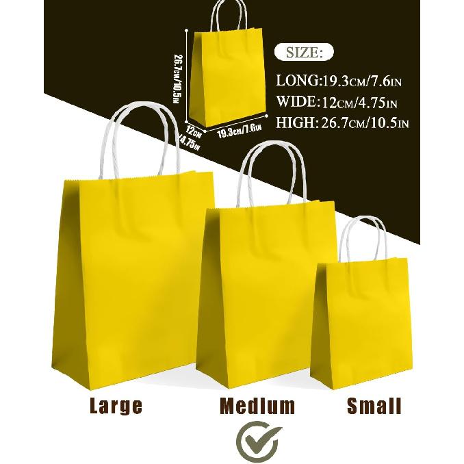 Qiqee 24PCS Medium Gift Bag with Handles Bulk 11"x5"x8" Gift Bags Bright Yellow Bags Multiple Uses (Medium Size)
