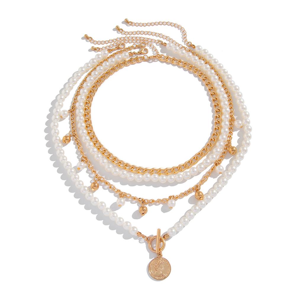 Sweet and Cool Imitation Pearl Stacked Necklace, Baroque Retro Beaded Portrait Pendant Item Jewelry Women