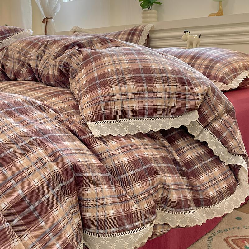 INS Korean Style Bedding Sets 2025 New Cotton Wrinkled Double-Layer Yarn Lace Bedding Sets Plaid Christmas Decor Gift Home Decor