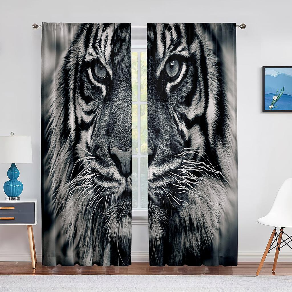 Grauer Tigerkopf-Vorhang mit Wildtier-Motiv, transparenter Voile für Schlafzimmer, Wohnzimmer, Hoteldekor, Küchenfenster, Chiffon-Tüllvorhang