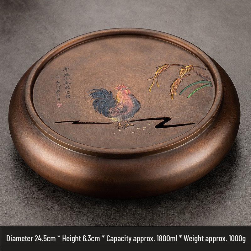 Hand-Painted Retro Bronze Round Tea Tray with Rooster Design