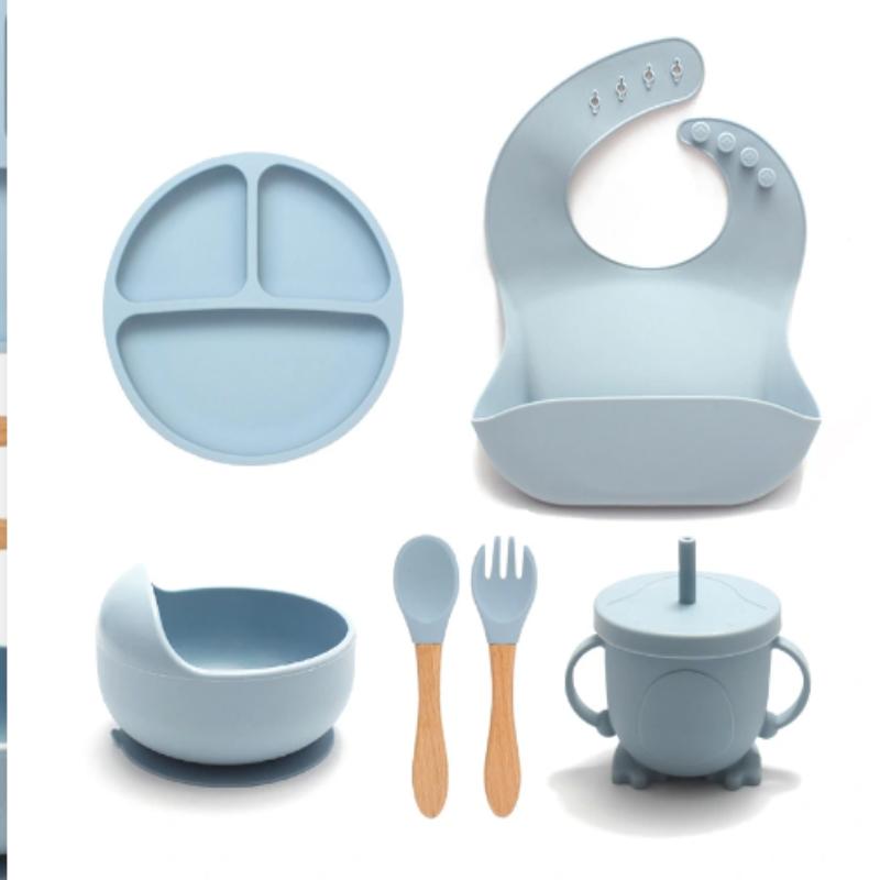 3/6/8Pcs Baby Silicone Tableware Kids Utensil Bib Straw Cup Bowl Suction Plate Feeding Essential Set