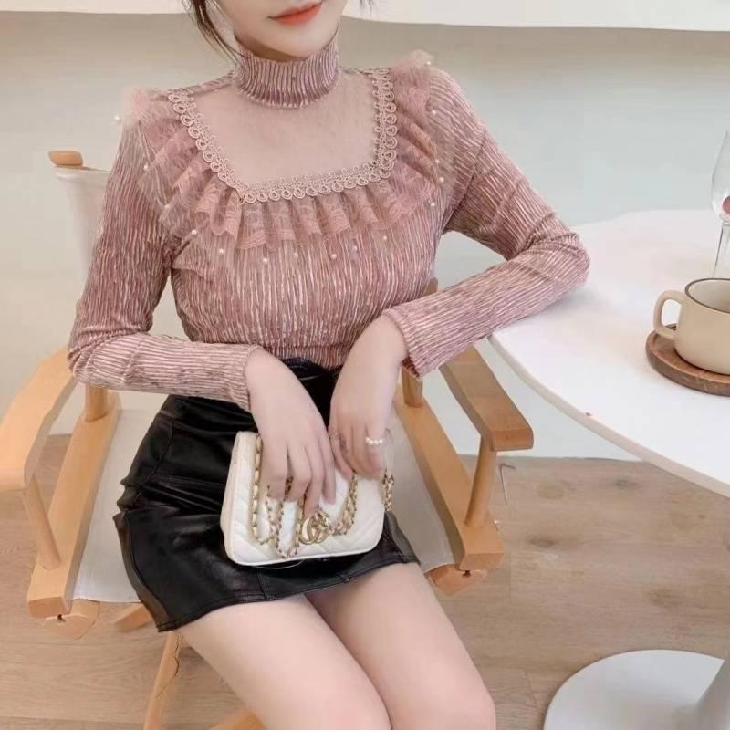 2025 Jaro/Podzim Sexy & Stylová Zlatá Sametová Síťovaná Halenka s Polovysokým Límcem pro Ženy