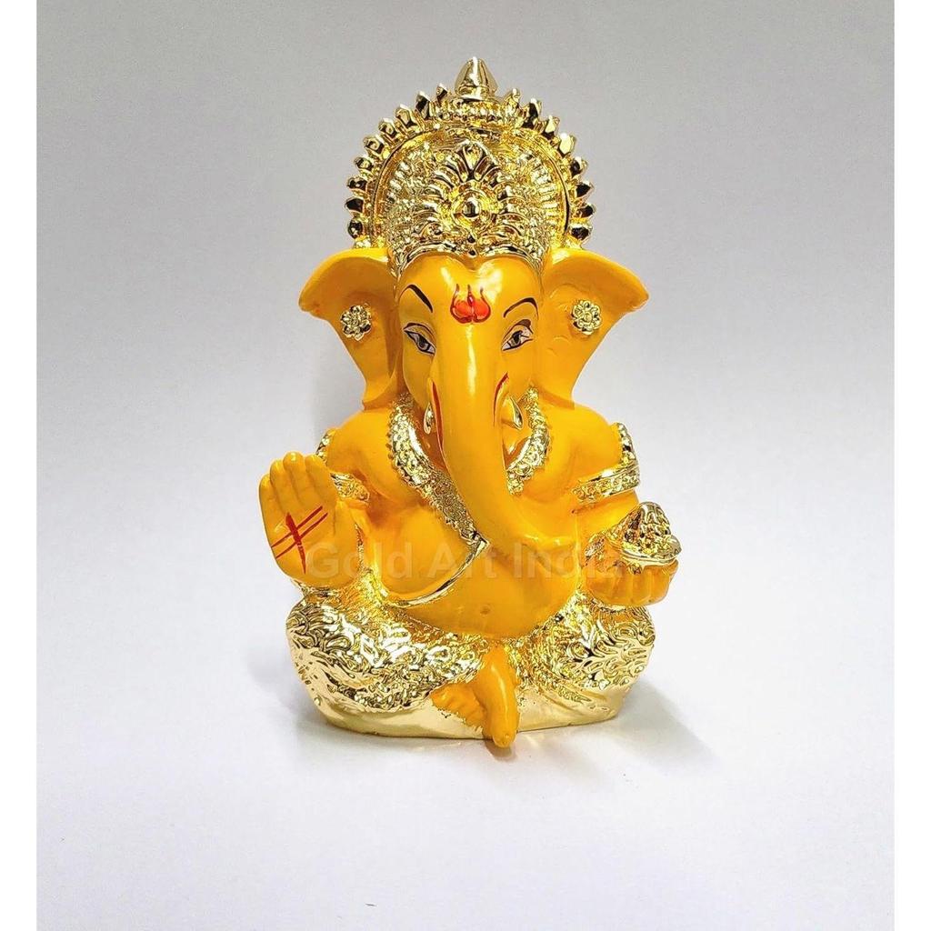 Gold Plated Ganesha with Mango Terracotta Work - 3.5 Inch Height for Home Decor/Office Desk/Car Dashboard