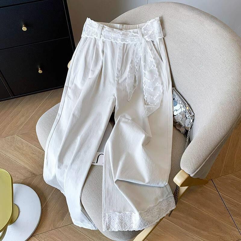 

Plus Size Lace Trim High Waist Wide Leg Pants - Summer Slimming Design for Women L 101-115 Jin белый