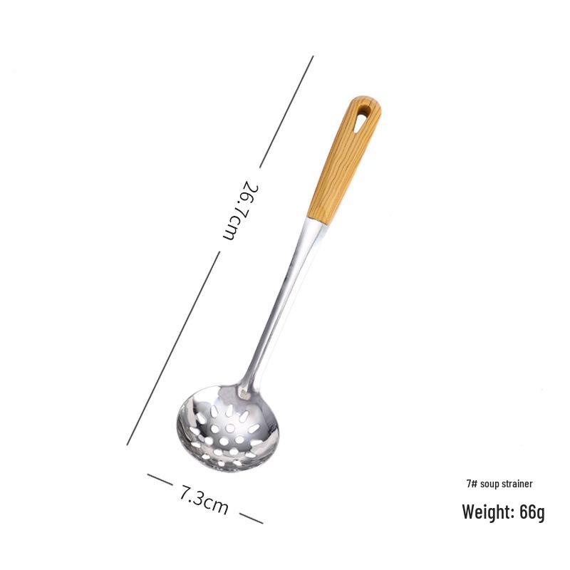 201 Stainless Steel Wood Grain Long Handle Soup Ladle Colander for Hot Pot, Household & Restaurant Kitchen Serving Spoon