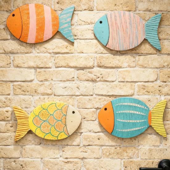4 Pcs Wood Fish Nautical Beach Wall Decor Coastal Ocean Theme Wooden Fish Wall Art Rustic Lake House Wall Sculpture for Living Room Bedroom Bathroom