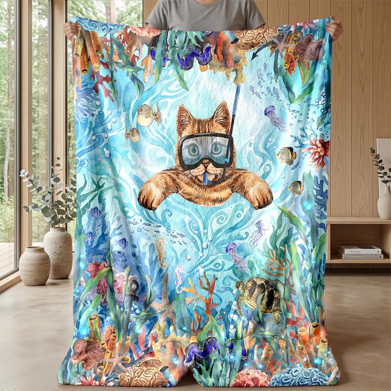 Underwater Cat Adventure 3 Theme blanket Lightweight Warm Flannel Blanket Decorative Throw Blanket for Home Decoration