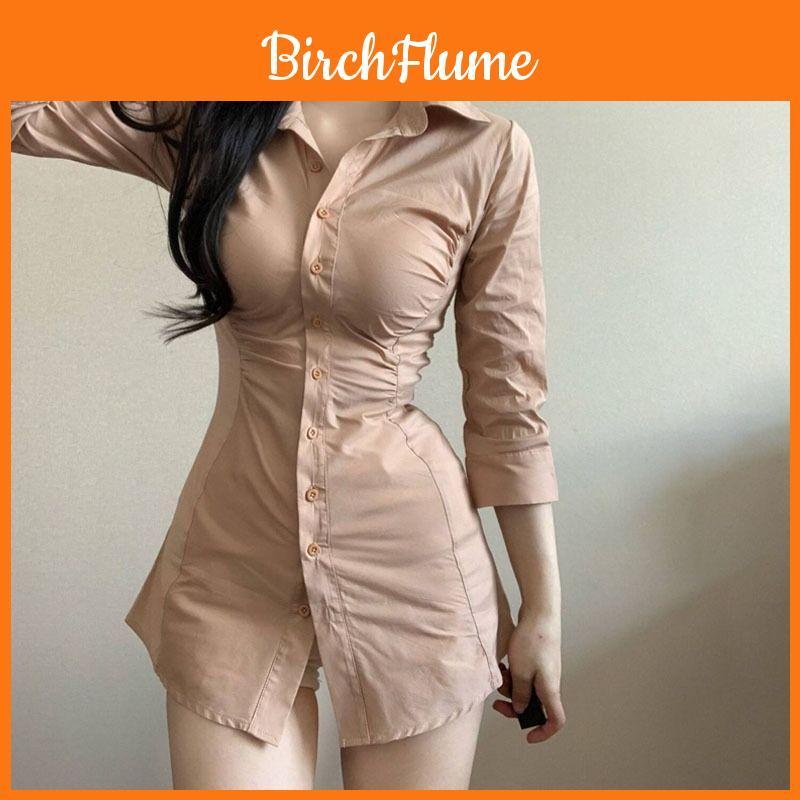 Sexy Girl Style Shirt Dress With Pleated Design And Splicing For Dating And Travel