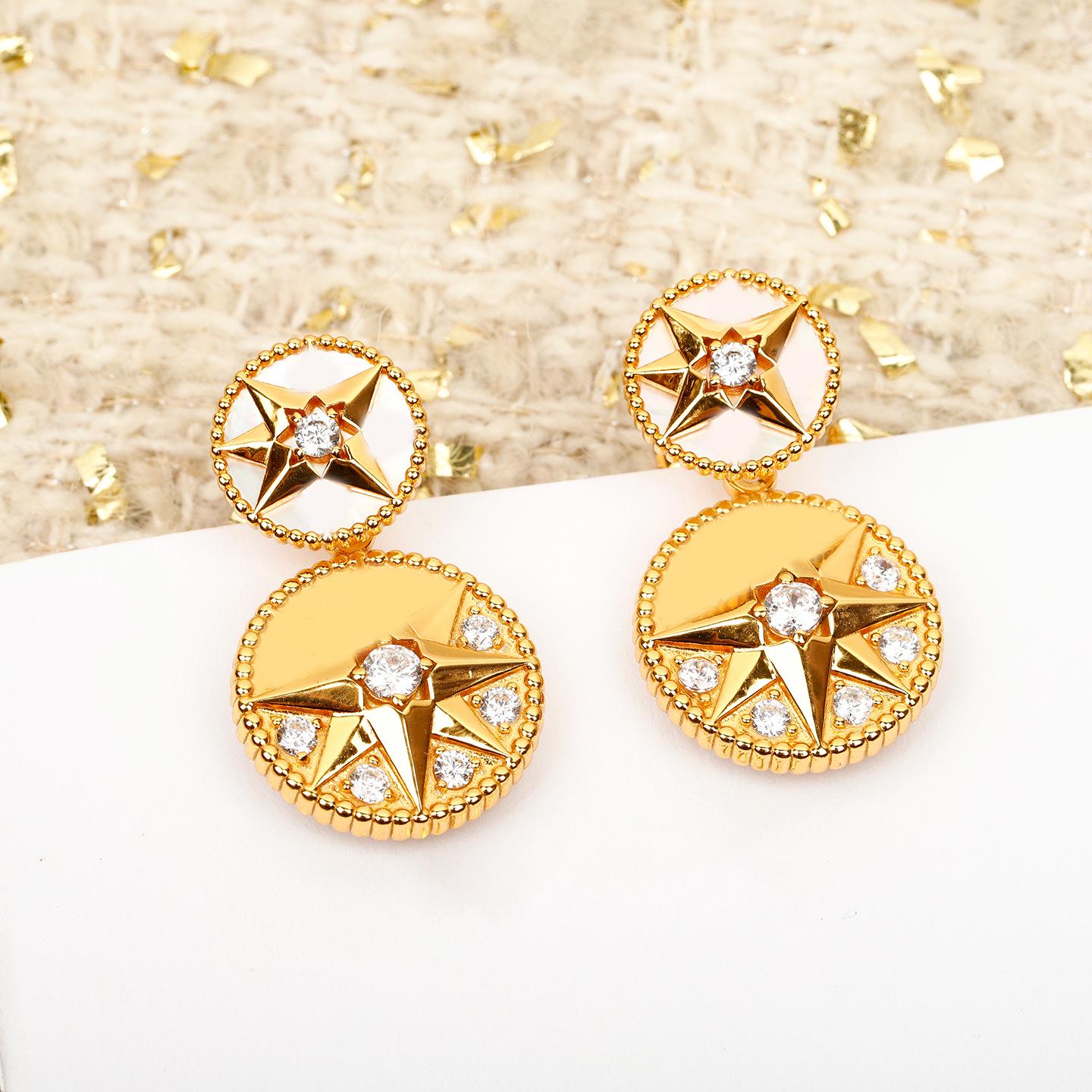 Diji Classic Eight-Pointed Star White Mother-of-Pearl Diamond Earrings - Elegant & Luxurious for Women Size V золотой