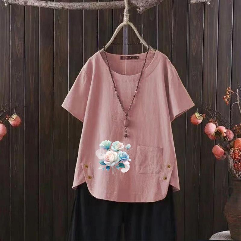 

Женский летний хит продаж, стильная повседневная футболка с бесплатным графическим принтом, винтажная льняная рубашка с круглым вырезом, рубашка с короткими рукавами, топ s-4xl 4XL розовый