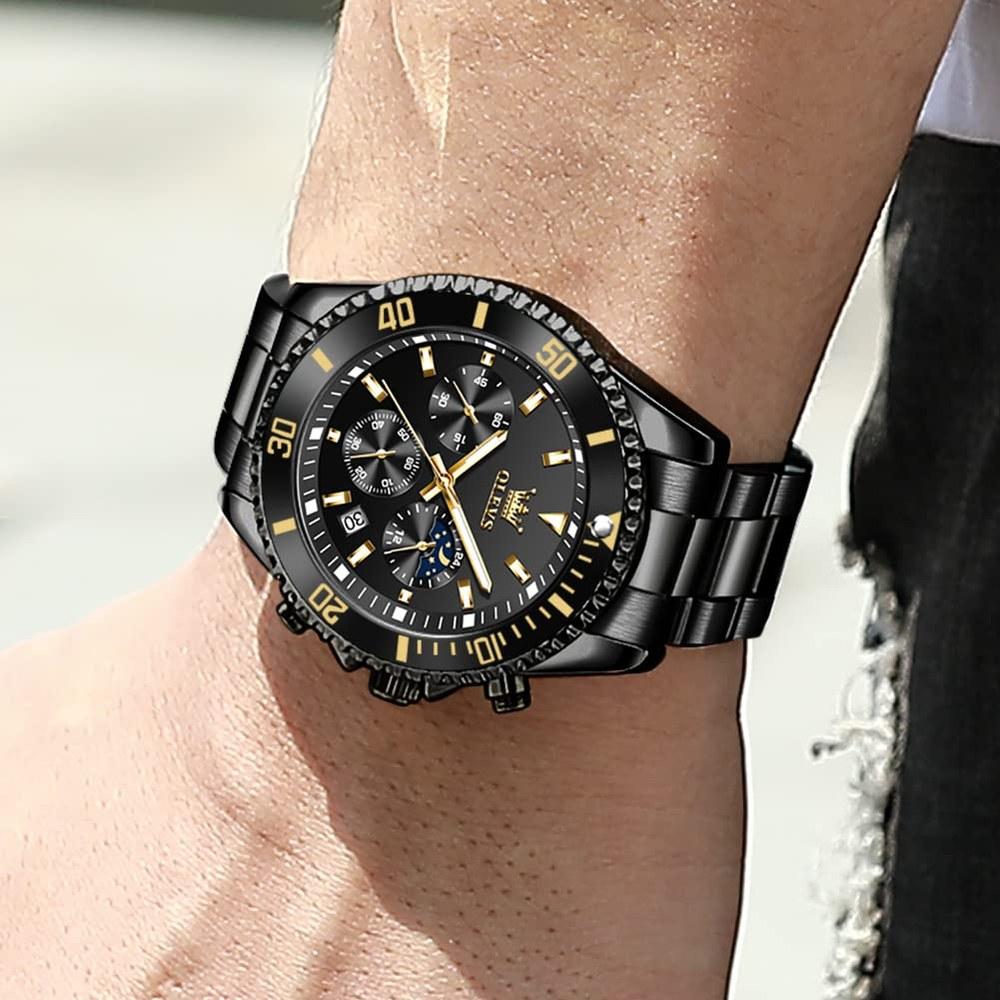 OLEVS Men's Analog Quartz Wristwatch Black Metal Band Waterproof Date Display Large Unidirectional Rotating Bezel